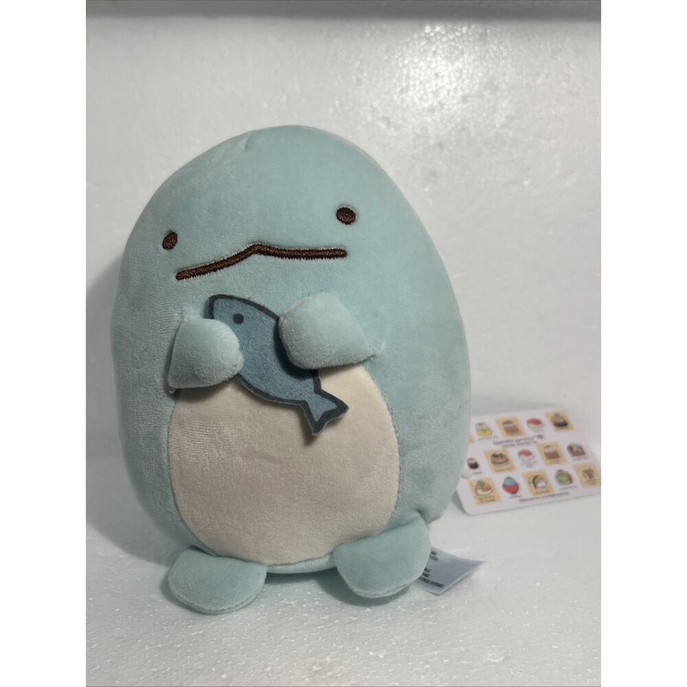 San-X Sumikko Gurashi Plush Stuffed Dinosaur Kaiju Tokage Holding Fish 6” Blue